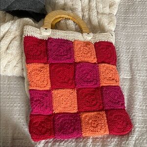 Anthropologie Red and Orange Crochet Tote